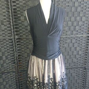 SLNY Black Top with Silver A-Line Skirt and Black Embroidery